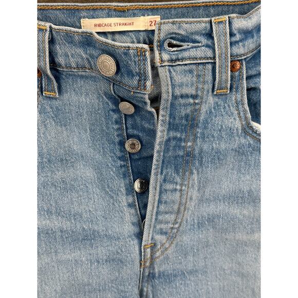 Levis Jeans Womens 27 Premium Ribcage Straight Button Fly Distressed Denim Big E - Picture 2 of 14